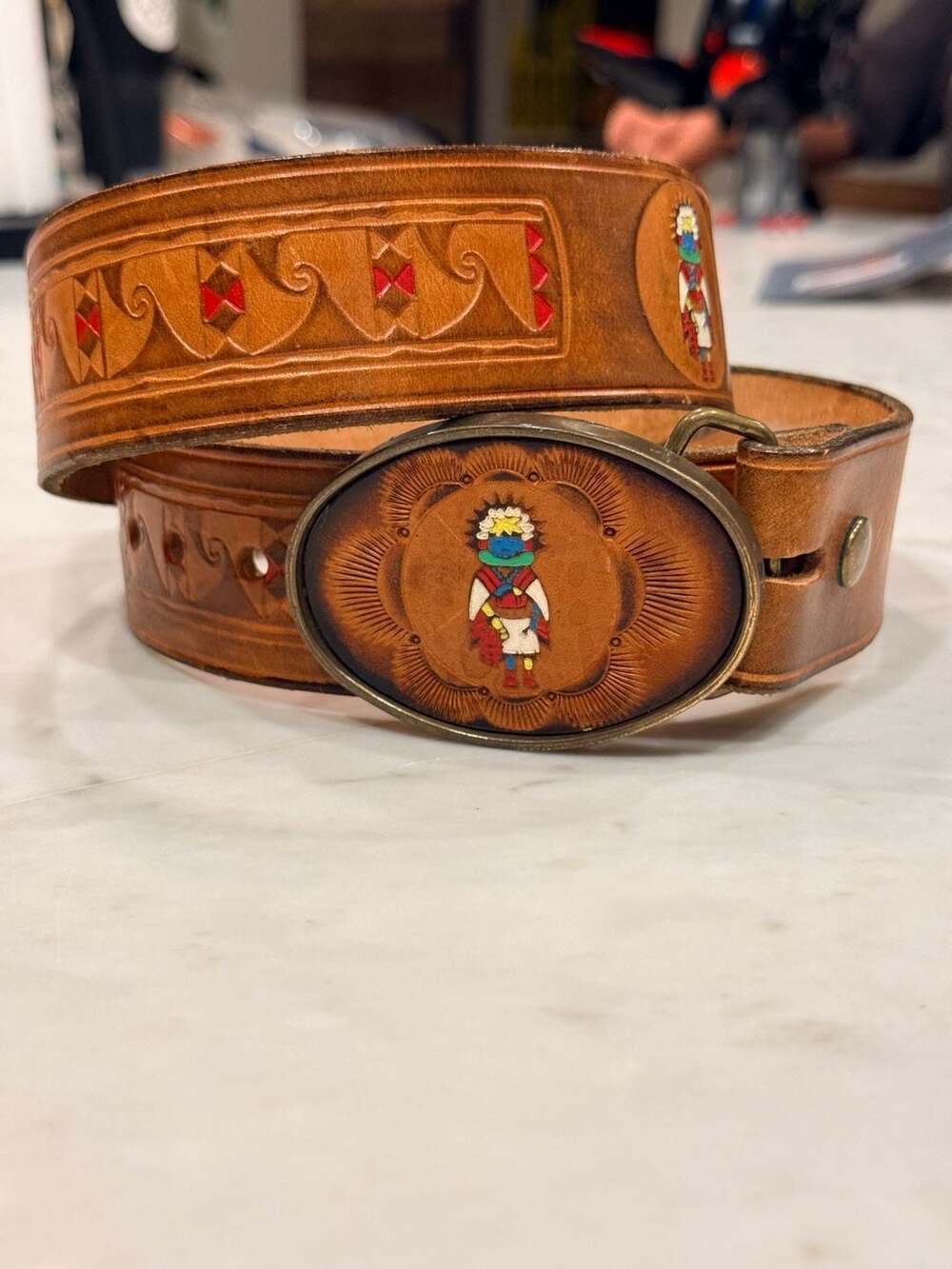 Vintage BTS Solid Brass Kachina Buckle Hand Tooled Leather Belt Size 34